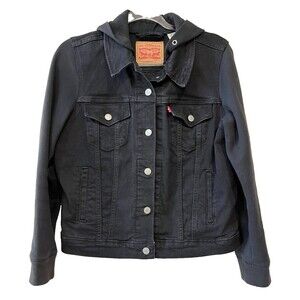 LEVI’S Jacket Unisex sz Large Denim Black Hybrid Hoodie Trucker Sweatshirt Hood
